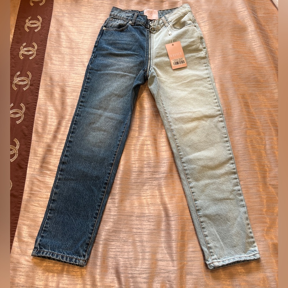 REVICE Two-Tone Slim Straight Jeans - Dark Blue & Light Blue 100% cotton Size 26